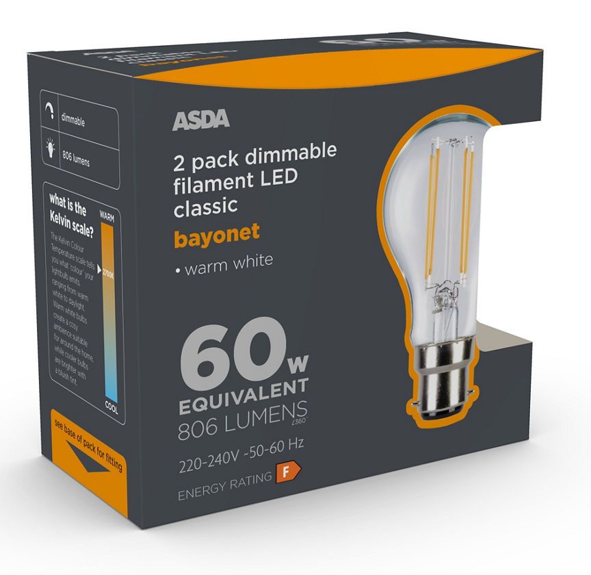 ASDA LED Filament Classic 60W Large Bayonet Dimmable Clear Lightbulb - McGrocer