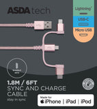ASDA Tech 3in1 Cable - Pink 1.8m - McGrocer