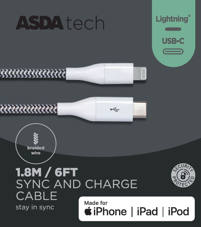 ASDA Tech Lighting to USB-C Cable - White 1.8m - McGrocer
