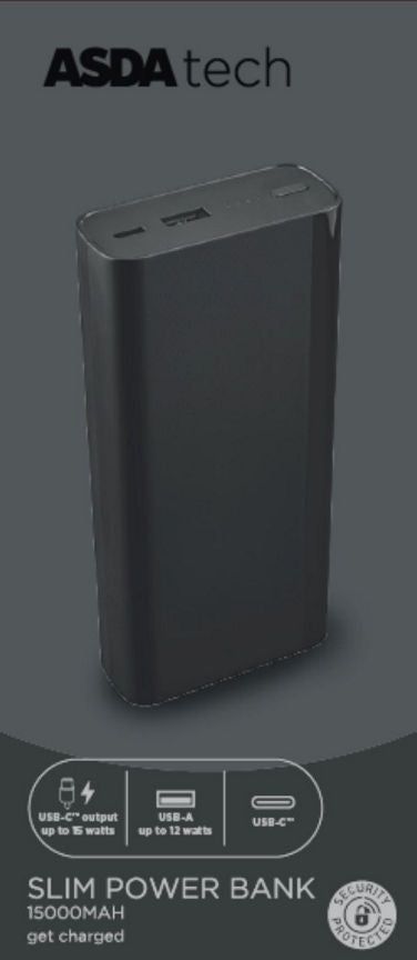 ASDA Tech Slim Powerbank - Black 15,000mAh - McGrocer