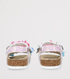 Monnalisa floral appliqué sandals for children with cork sole, imported from the UK