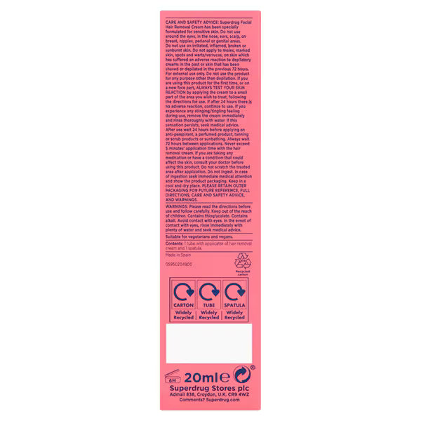 Superdrug Sensitive Facial Hair Removal Cream 20ml (British brand)