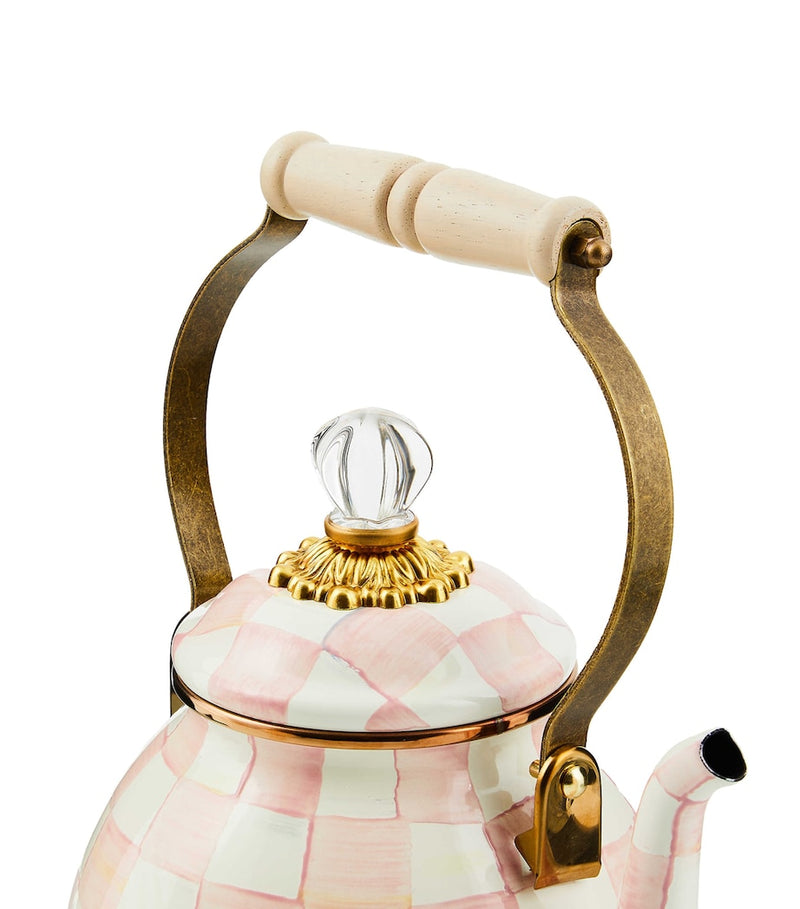 MacKenzie-Childs hand-painted enamel kettle with bronze-tone edges, 1.89L capacity, imported from the UK