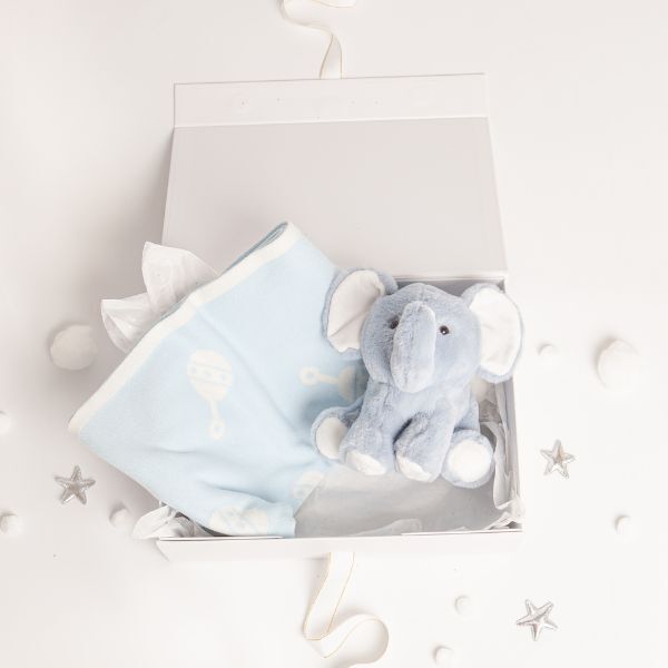 Babbico Blue Elephant Toy And Rattle Blanket Baby Gift Set - McGrocer
