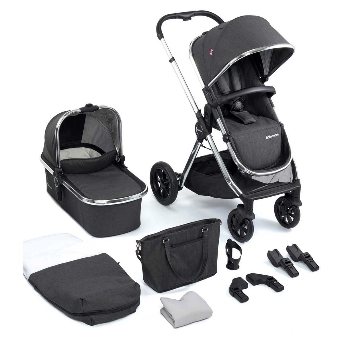Babymore Memore V2 Pram Pushchair 11 Piece – Chrome - McGrocer