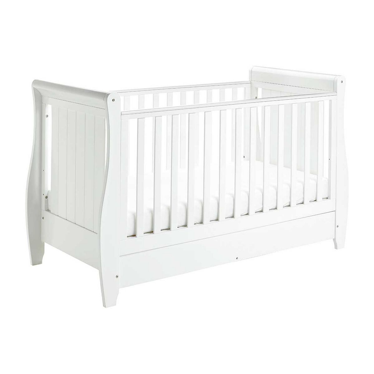 Babymore Stella Sleigh Cot Bed Dropside with Drawer - White - McGrocer