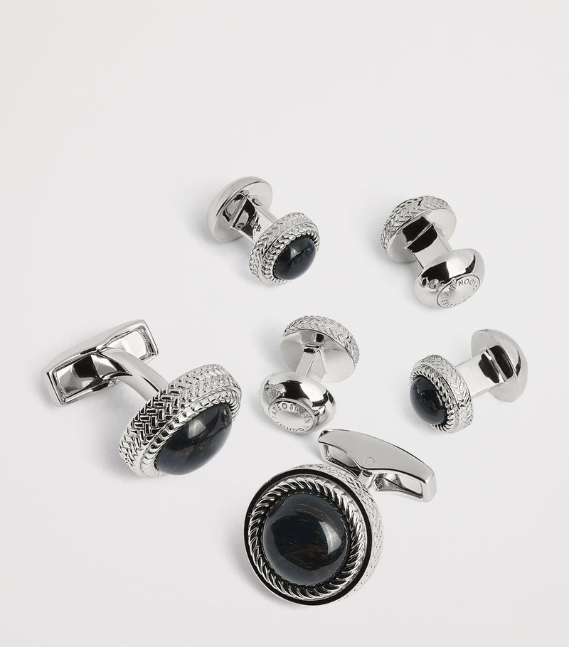 Tateossian sterling silver and onyx herringbone cufflinks and studs set (British brand)