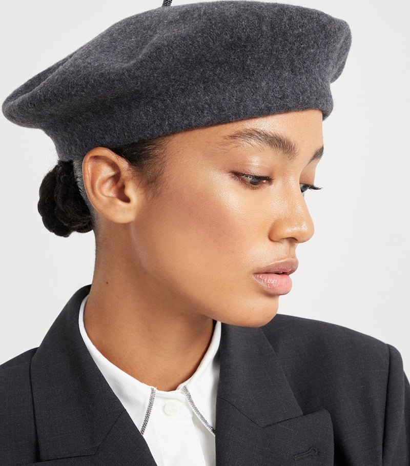 Brunello Cucinelli wool beret with beading and silver-tone hardware - British product