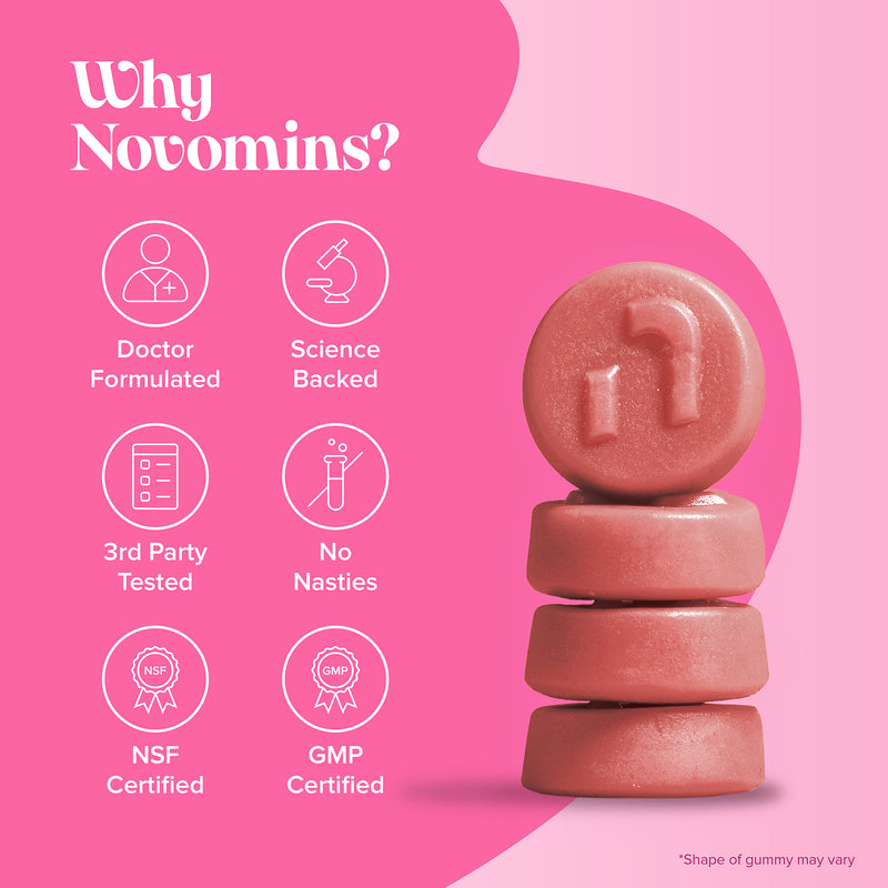 Novomins PMS Gummies Raspberry Flavoured 60 count, imported from the UK