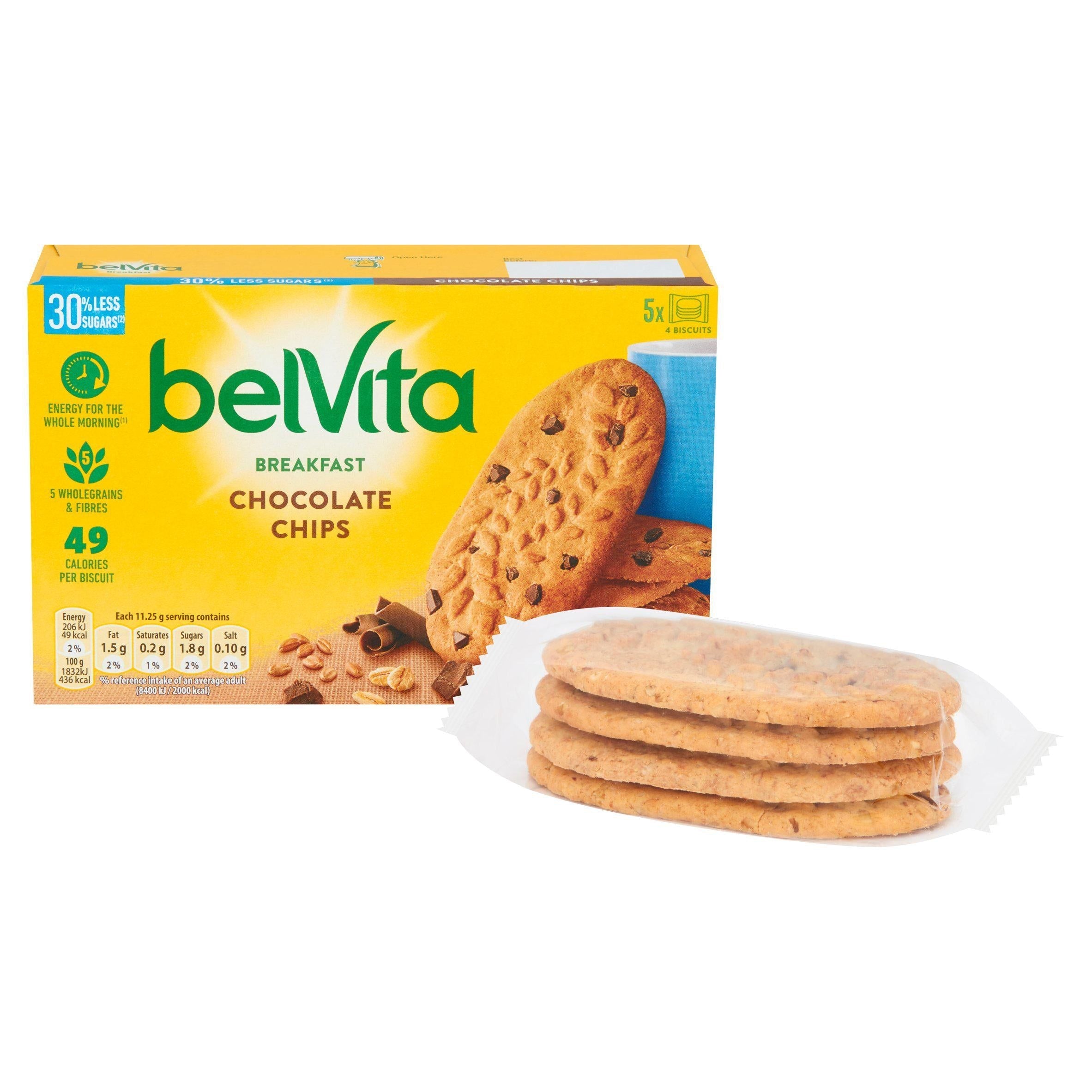 Belvita Breakfast Biscuits 30% Less Sugar Choc Chip Pack x5 225g - McGrocer