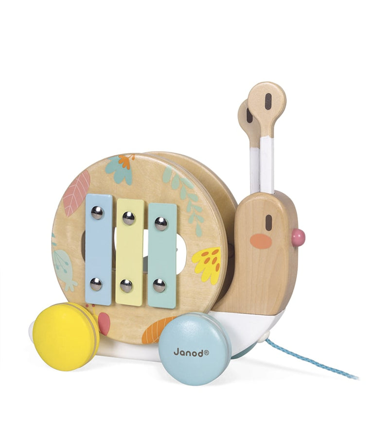 Janod Pure pull-along snail toy with xylophone and tambourine, UK version