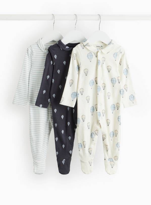 Blue Balloon Print & Striped Sleepsuits 3 Pack Up to 1 mth - McGrocer