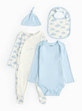 Blue Cloud Print Sleepsuit, Bodysuit, Hat & Bib Set 6-9 months - McGrocer