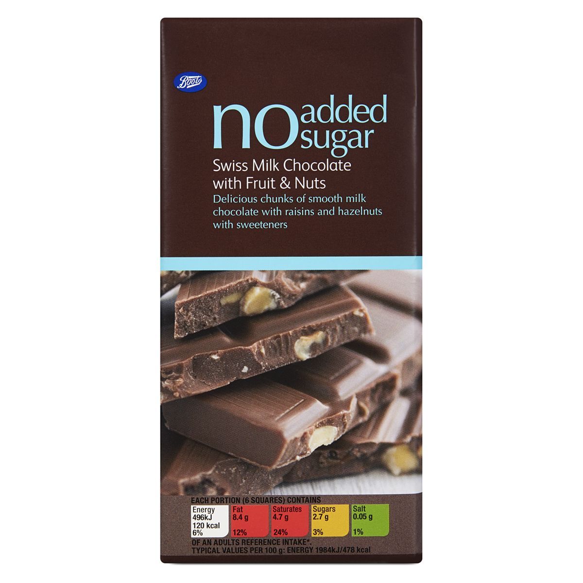 Boots No Added Sugar Swiss Milk Chocolate with Fruit & Nuts (100g) - McGrocer