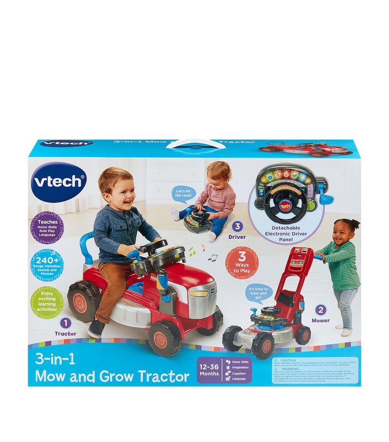 VTech 3-in-1 Mow and Grow tractor toy with sing-along songs for toddlers (British brand)