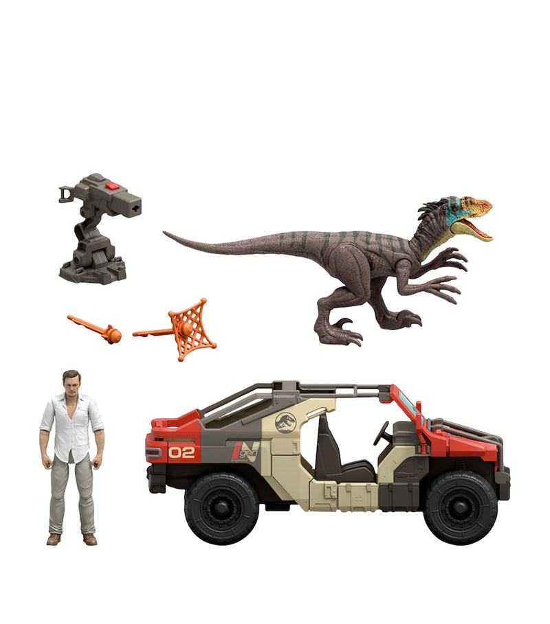 Interactive Vehicle Playset with Dinosaur and Human Figures, Projectiles, and Moving Parts for Ages 4+