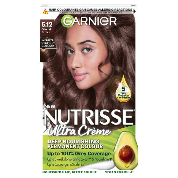 Garnier Nutrisse Glacial Brown permanent hair dye pack, UK version.