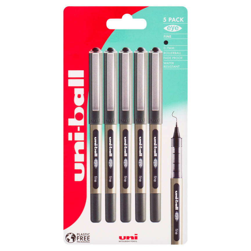 uni-ball Medium Black Liquid Ink Rollerball Pens 5 Pack Office Supplies ASDA