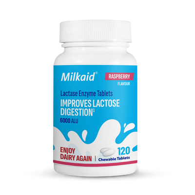 Milkaid Lactase Enzyme Tablets Raspberry Flavour 120 Tablets