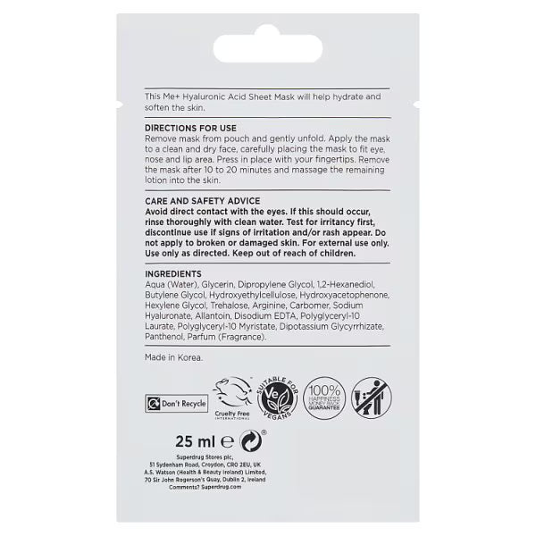 Me+ Hyaluronic Acid Sheet Mask, imported from the UK
