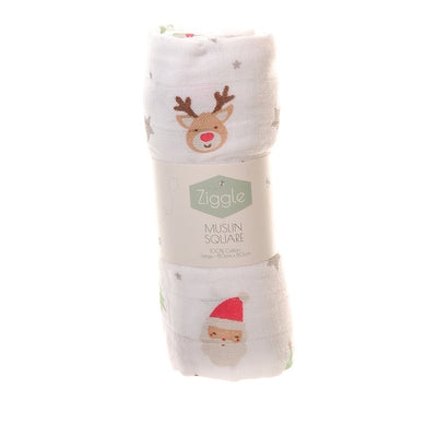 Ziggle Cotton Muslin Square Christmas Reindeer Santa Print 80x80cm