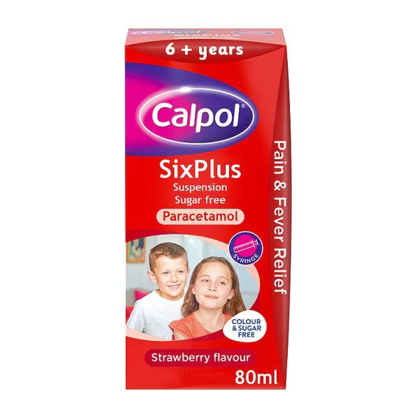 Calpol SixPlus Strawberry Suspension Sugar Free 80ml - British product