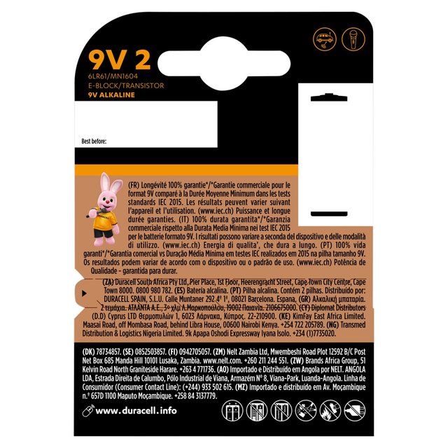 Duracell Plus 100% 9V Alkaline Batteries 2 per pack