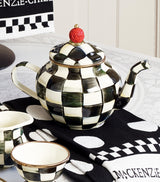 Hand-Painted Check Pattern Teapot with Carved Red Knob and Bronzed Trims 950ml