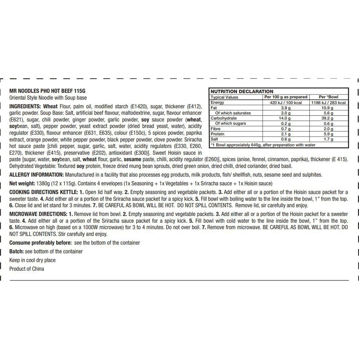 Mr Noodles Pho Hot Beef Noodle Soup, 12 x 115g - McGrocer