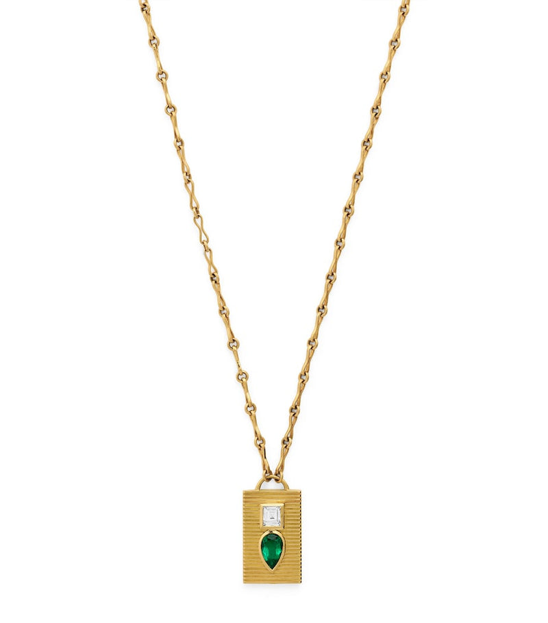 Azlee Yellow Gold, Diamond and Emerald Duet Necklace