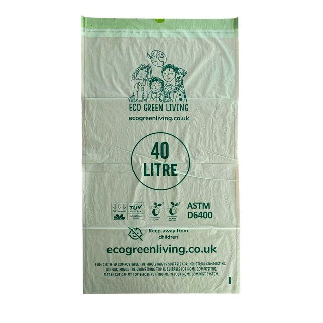 Eco Green Living Certified Compostable 40L Heavy Duty Drawstring Bin Bags 25 per pack