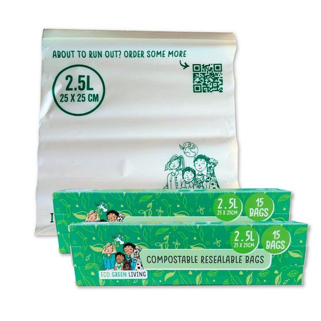 Eco Green Living Certified Compostable Large 2.5L Resealable Ziplock Bags 15 per pack