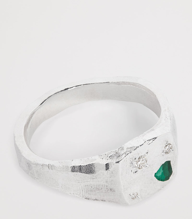 The Ouze sterling silver and emerald scatter signet ring (British brand)