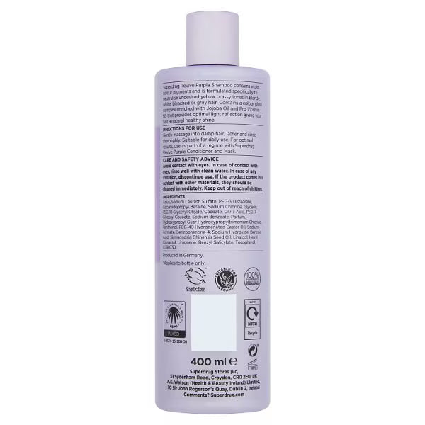 Superdrug Revive Purple Shampoo 400ml bottle (British brand)