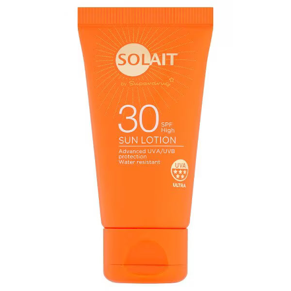 Solait sun lotion SPF 30 30ml product packaging (British brand)