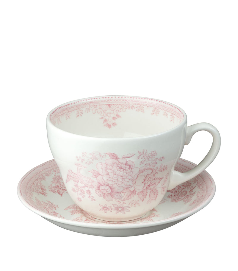 Burleigh Pink Asiatic Pheasants porcelain breakfast cup and saucer set - British product