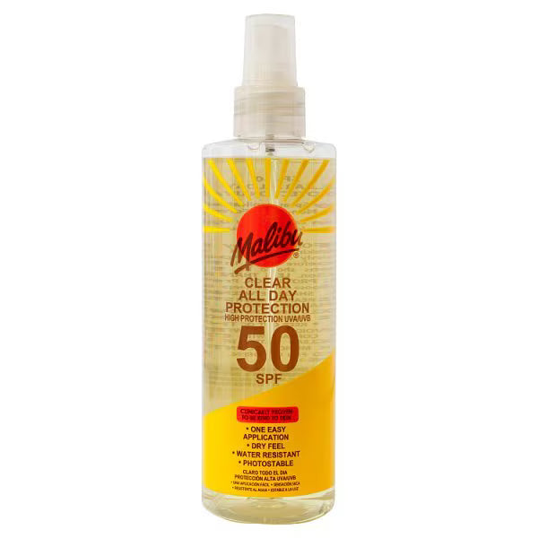 Malibu SPF 50 Clear Protect Spray 250ml, imported from the UK