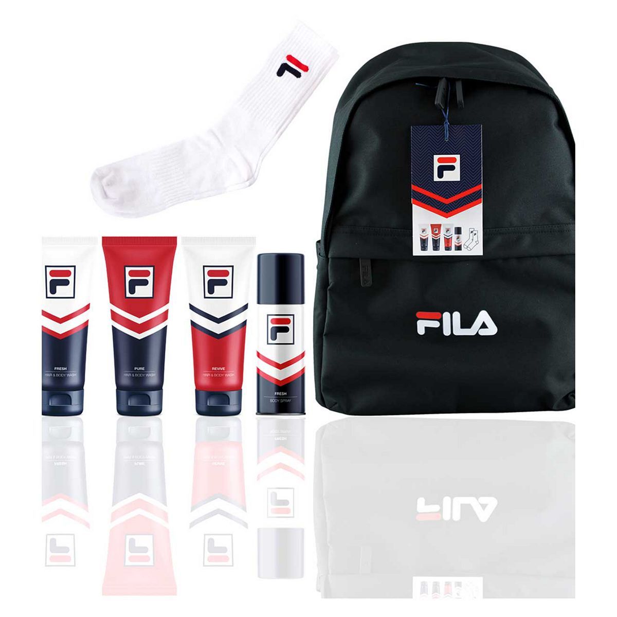 FILA Back Pack Gift containing 3 x 200ml FILA Hair & Body Wash, Body Spray and FILA Sports Socks