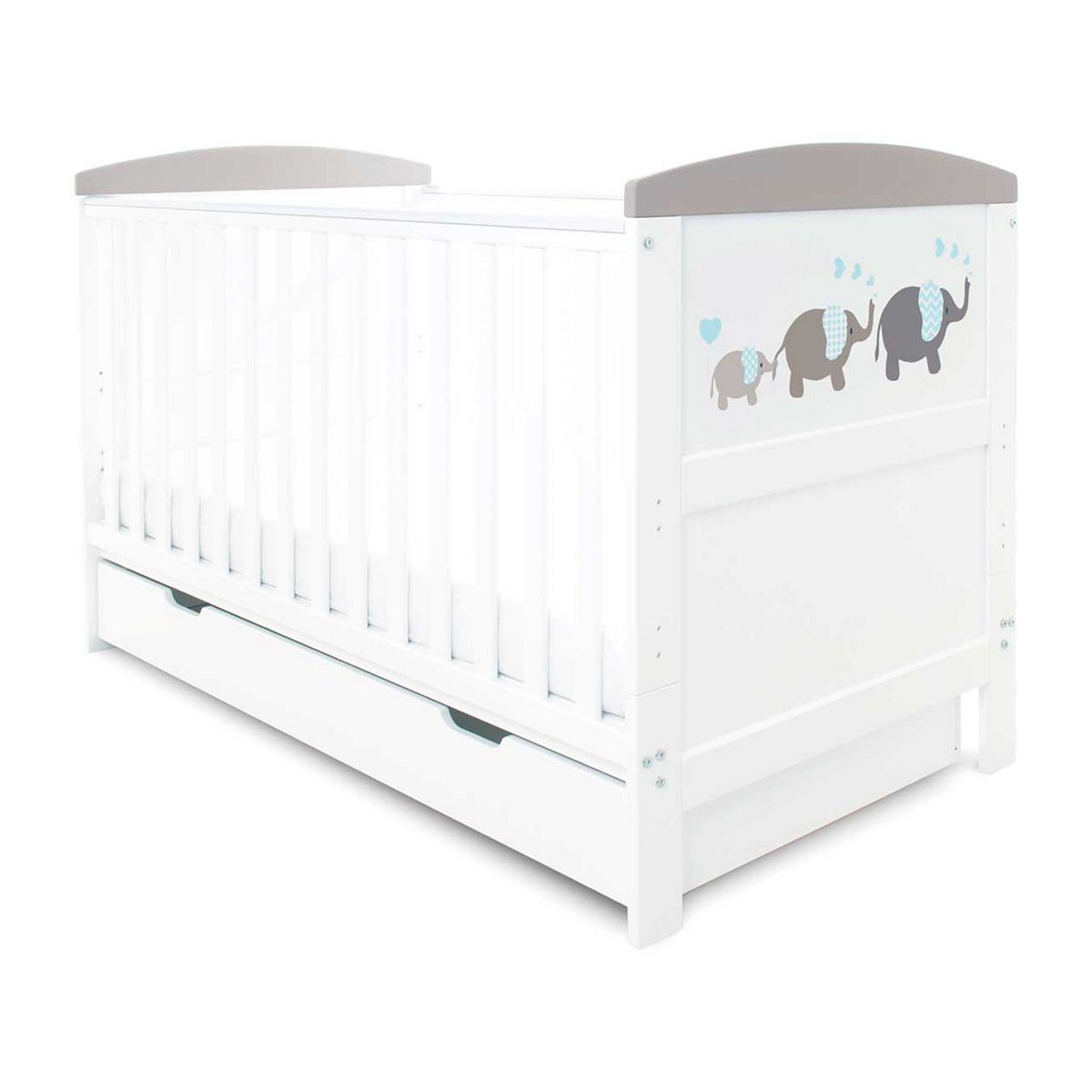 Ickle Bubba Coleby Style Cot Bed, Under Drawer and Sprung Mattress - Elephant Love Grey