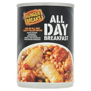 Hunger Breaks All Day Breakfast Baked Beans with Sausages and Bacon Burger 395g