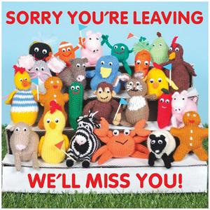 Mint Sorry You're Leaving card with knitted characters, imported from the UK