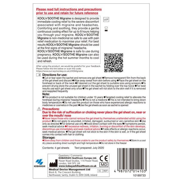 Kool 'n' Soothe Migraine Cooling Gel Sheet 4 per pack