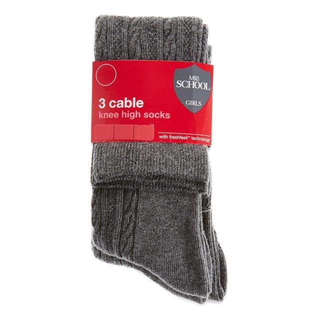 M&S Cable Knee High Socks Grey Marl 6-8 3 per pack