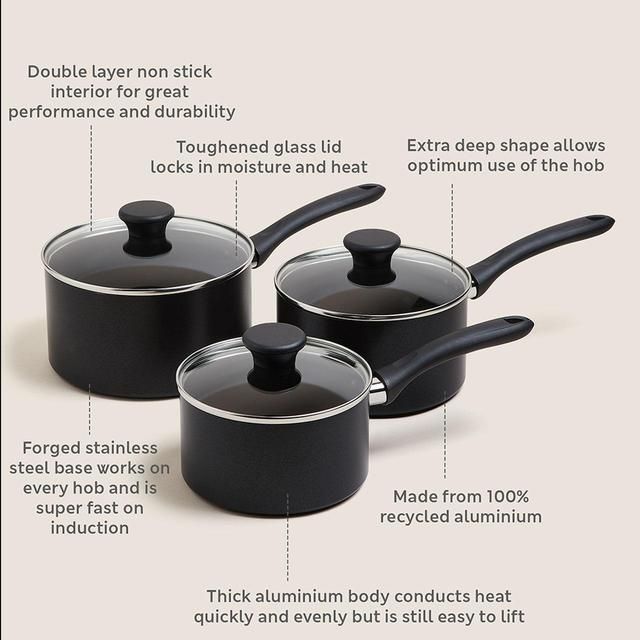 M&S Collection 3 Piece Black Aluminium Non Stick Pan Set 'One Size Black 3 per pack
