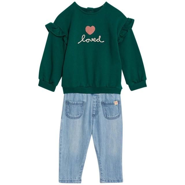 M&S Cotton Heart Sweat and Jean Outfit '0-3 M Green Mix