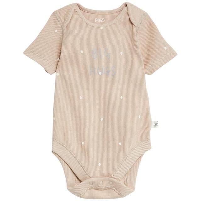 M&S Cotton Rich Spot Big Hugs Slogan Bodysuit Newborn- 12 Months Biscuit