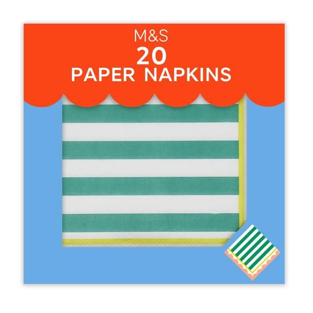 M&S Green & White Striped Paper Napkins 20 per pack