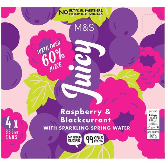 M&S Juicy Sparkling Raspberry & Blackcurrant Water 4 x 330ml