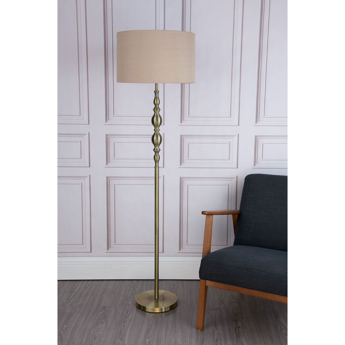 Madrid Antique Brass Floor Lamp with Faux Silk Shade