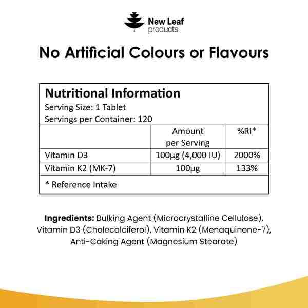 New Leaf Vitamin D3 & K2 Tablets D3 4000iu + K2 100mcg